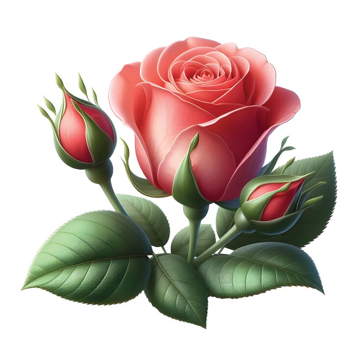 una pintura de una rosa roja con hojas verdes y rosas rojas