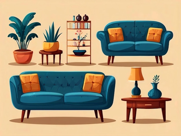 Vector una pintura de una sala de estar con un sofá y una mesa con una planta en ella