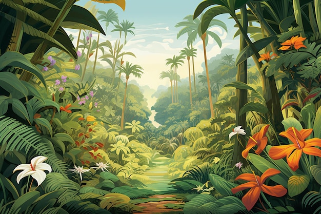 Una pintura de una selva tropical con flores y árboles