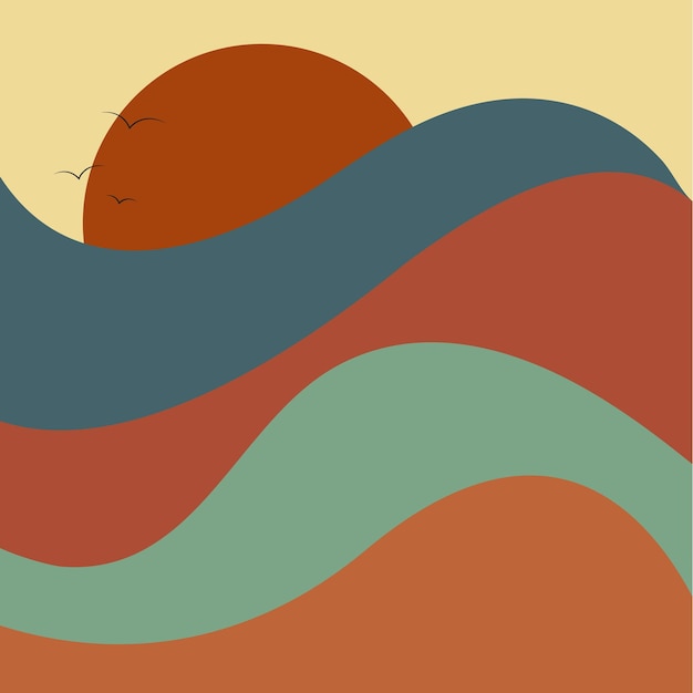 una pintura de sol y ondas marinas de fondo vectorial