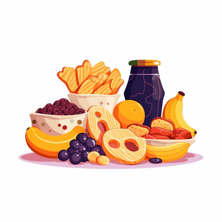 Vector una pintura de un tazón de plátanos de pasta y otras frutas