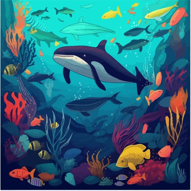 Una pintura de un tiburón ballena y unos peces de colores.