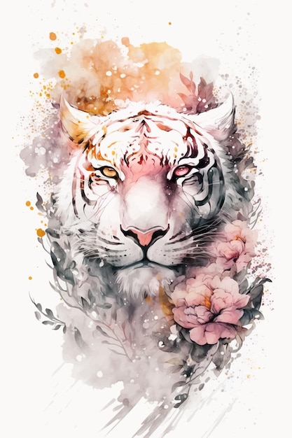 Una pintura de un tigre con flores rosas.