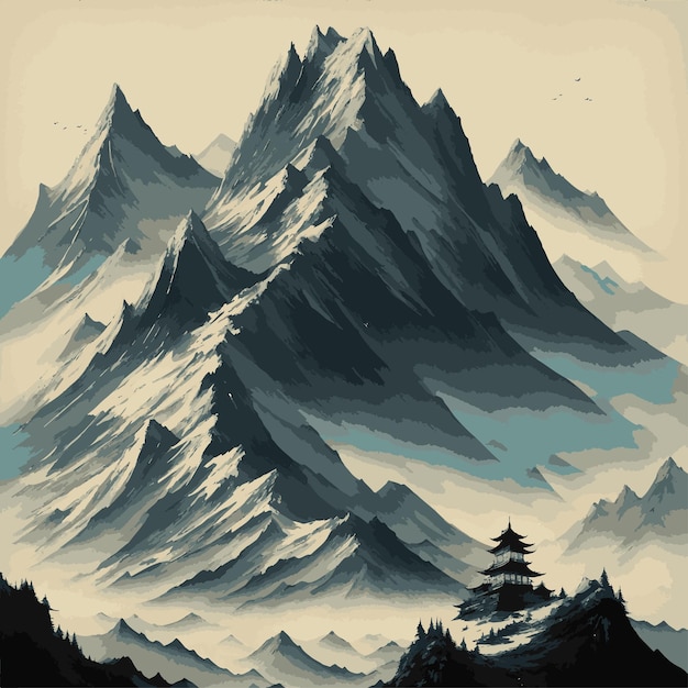 Vector pintura con tinta china de un paisaje montañoso