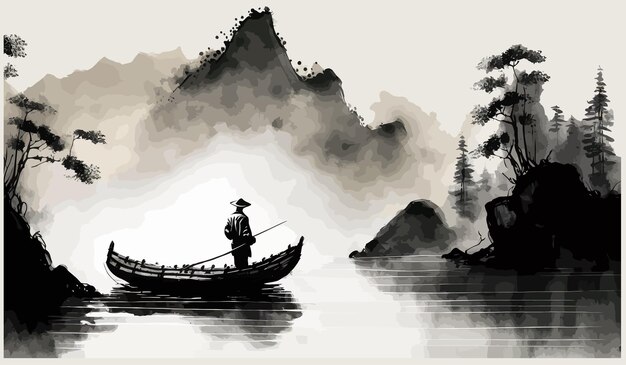 Pintura en tinta de paisaje brumoso con pescador en un barco en estilo tradicional japonés minimalista oriental Ilustración vectorial