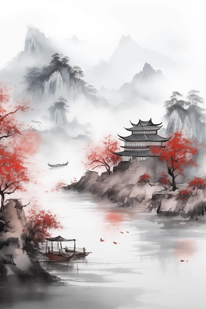 Vector pintura de tinta del paisaje oriental con pagoda en las montañas de niebla