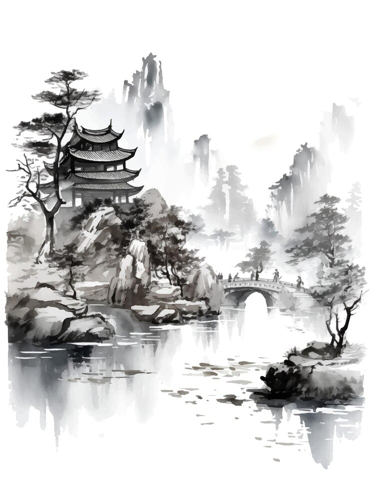 Vector pintura tradicional china de paisaje con tinta con pagoda