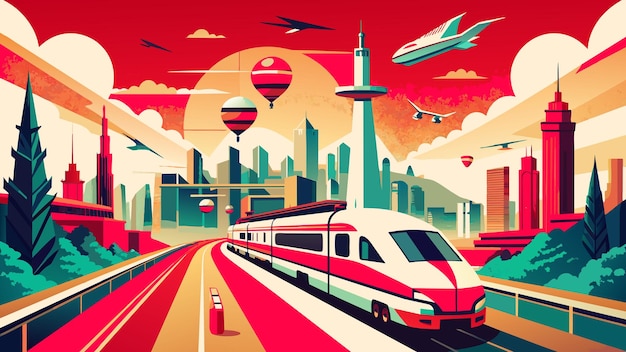 Una pintura de un tren y un horizonte de la ciudad con un fondo rojo