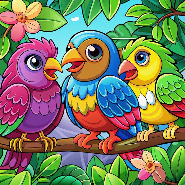 Vector una pintura de tres pájaros coloridos con uno siendo un loro en el otro