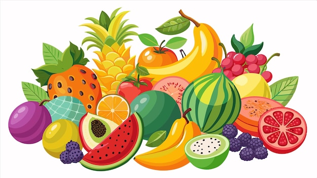 una pintura de una variedad de frutas, incluidos plátanos, fresas y plátanos