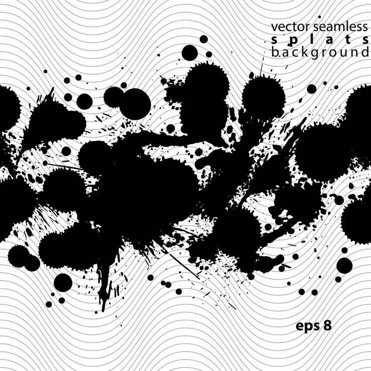 Vector pintura vectorial en blanco y negro, patrón sin costuras, monocromo, arte gráfico sucio y desordenado, fondo repetido con manchas de acrílico superpuestas, escaneado y rastreado.