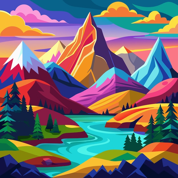 Una pintura vectorial de unas montañas coloridas