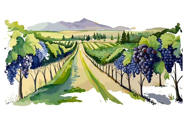 Una pintura de un viñedo con uvas azules.