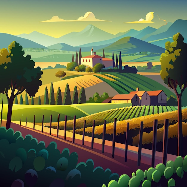 Vector una pintura de un viñedo con una vista de un valle y montañas en el fondo