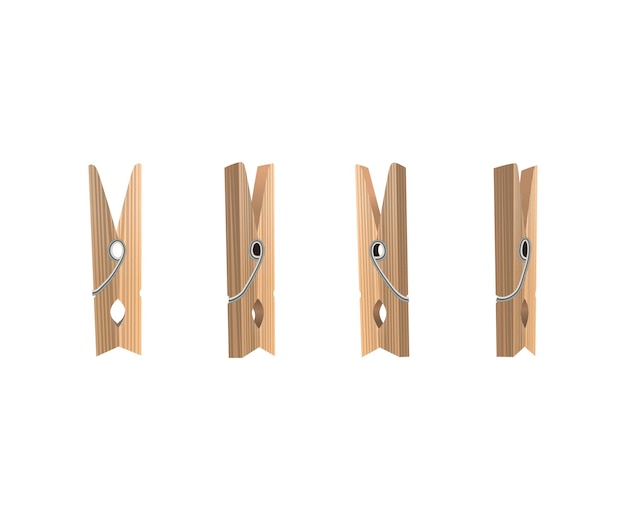 Pinzas de madera 3d detalladas realistas Conjunto de herramientas de lavandería Ilustración vectorial de pinza para la ropa