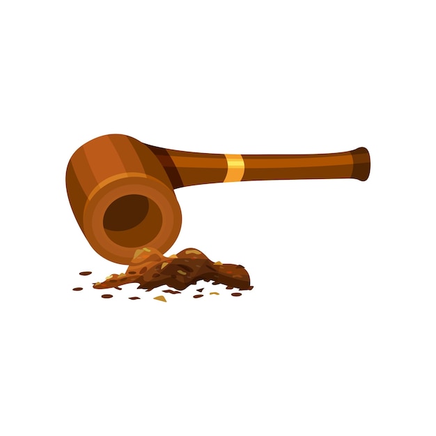 Pipa de fumar de madera vintage y tabaco triturado Accesorio para fumar Elemento gráfico para el cartel promocional de la tienda Icono de estilo dibujante Ilustración vectorial plana colorida aislada sobre fondo blanco