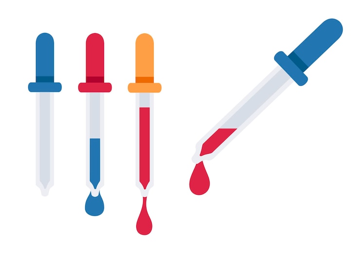 Vector pipetas con un relleno de gota y una pipeta médica vacía ilustración vectorial plana aislada sobre fondo blanco.