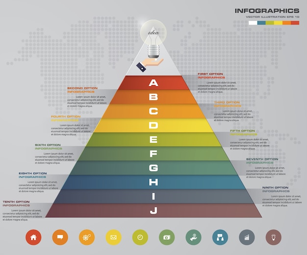Vector pirámide de 10 pasos con espacio libre para texto en cada nivel.