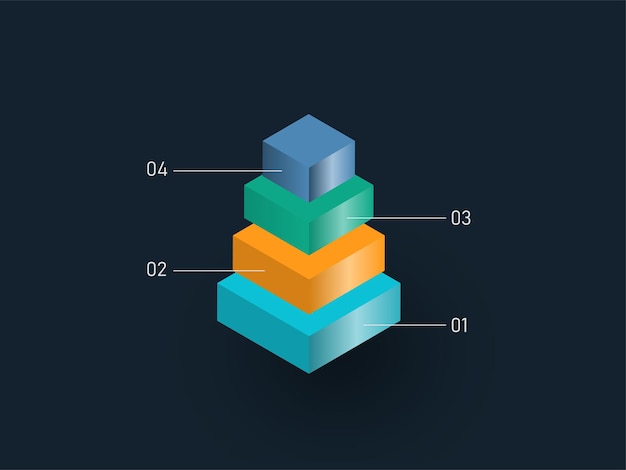 Pirámide 3D de cuatro niveles con bloques de colores para el concepto de infografía de PowerPoint de negocios.