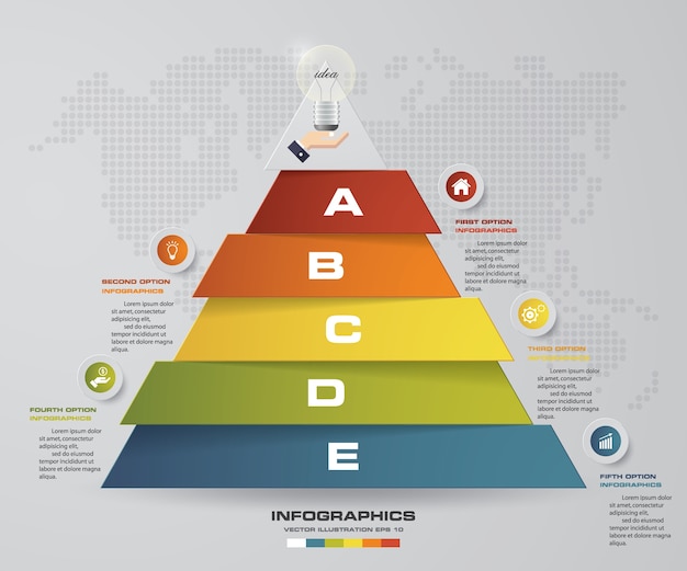 Vector pirámide de 5 pasos con espacio libre para texto en cada nivel.