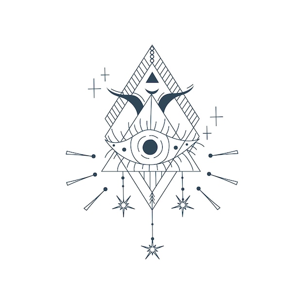 Pirámide esotérica con ojo aislado Triángulo místico oculto con rayo y estrella Símbolo esotérico geométrico Diseño de ilustración vectorial dibujado en líneas Ojo místico en triángulo