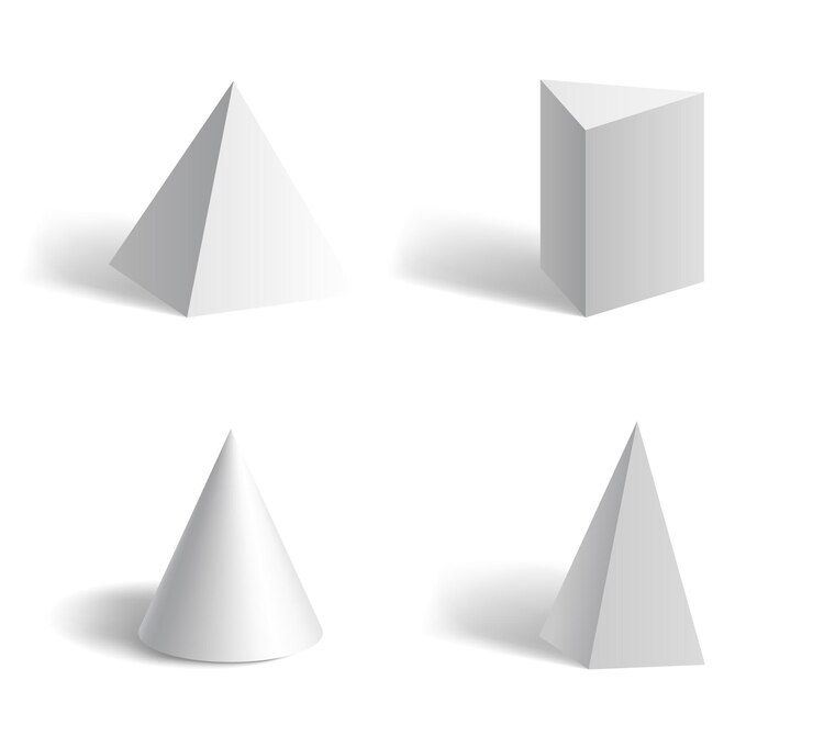 Vector pirámide geométrica 3d básica forma hexagonal, pentagonal, cono blanco