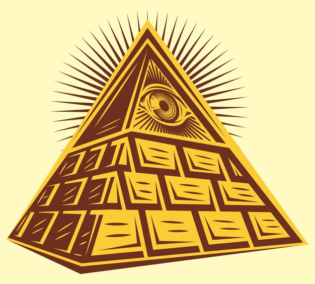 Pirámide masónica estilizada con un ojo en un fondo amarillo pálido Ilustración vectorial Plantilla