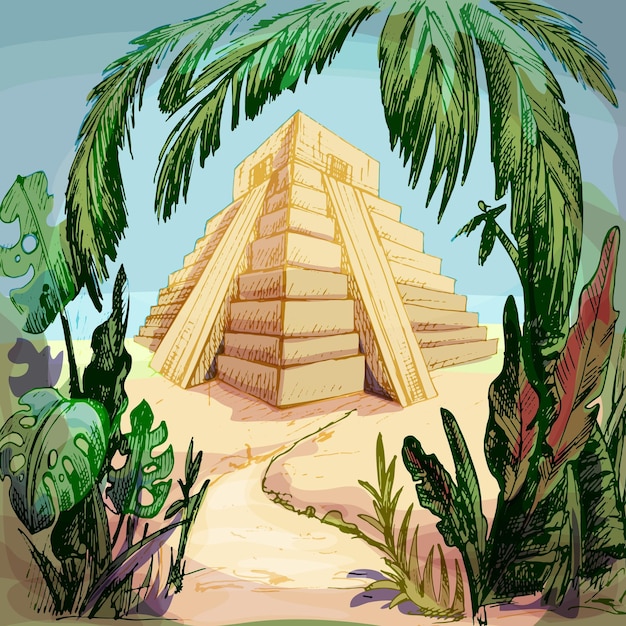 Pirámide maya en la selva. Ilustración de color de eclosión de vector vintage.