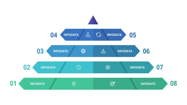 Pirámide con plantilla infográfica de 8 elementos para presentaciones de negocios web ilustración vectorial visualización de datos comerciales