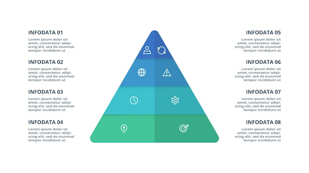 Pirámide con plantilla infográfica de 8 elementos para presentaciones de negocios web ilustración vectorial visualización de datos comerciales