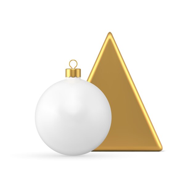 Pirámide de triángulo metálico dorado de adorno navideño premium y vector de icono 3d de juguete de bola elegante blanco