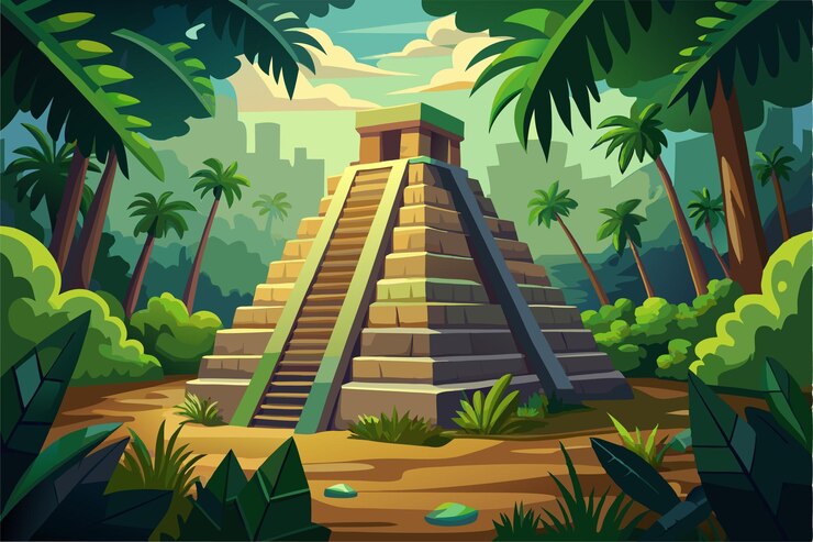 Vector una pirámide tropical con palmeras y palmeras