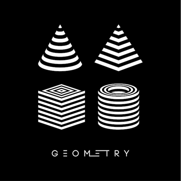Pirámide de vector de ilusión óptica. Fondo de rayas de cilindro. Diseño de líneas blancas y negras abstractas ópticas del logotipo del cubo. Círculo de forma redonda geométrica. Cono vector símbolo op raya geometría 3d moderna.