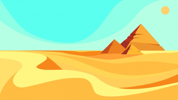 Pirámides en el desierto. Hermoso paisaje en estilo de dibujos animados.