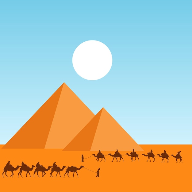 Pirámides de Egipto y caravana de camellos Ilustración vectorial Esbozo