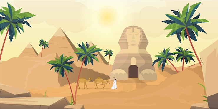 Vector pirámides de egipto y la esfinge. desierto del sahara en estilo de dibujos animados.