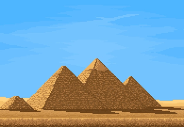 Pirámides de píxeles de 8 bits en el paisaje del desierto de egipto