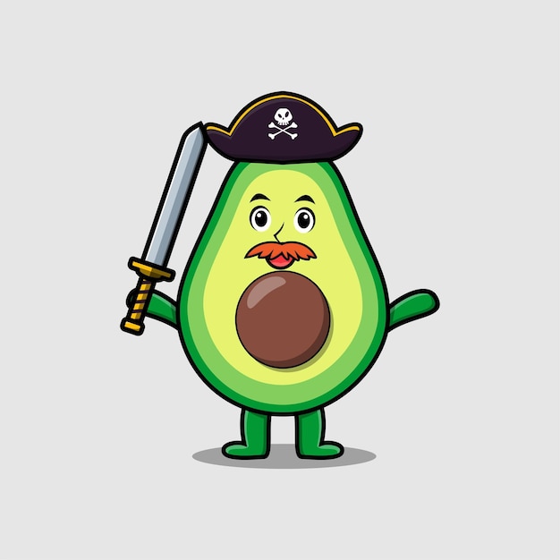 Pirata de aguacate de personaje de mascota de dibujos animados lindo con sombrero y espada de sujeción en diseño moderno