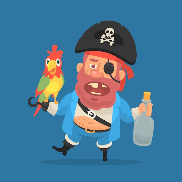 Vector pirata borracho con loro y botella de ron. personaje divertido. ilustración vectorial