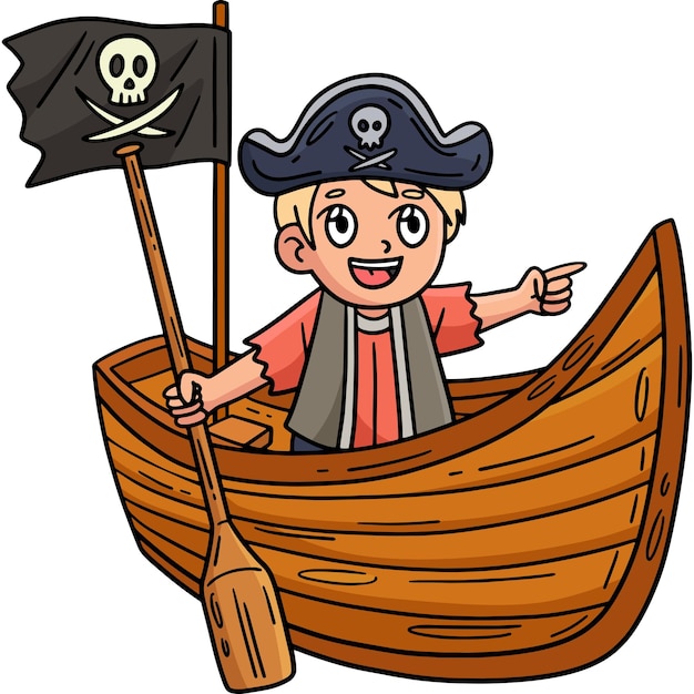 Pirata en un bote de remos Clip colorido de dibujos animados