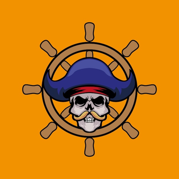 Vector pirata de calavera con bigote y mascota de la rueda del barco