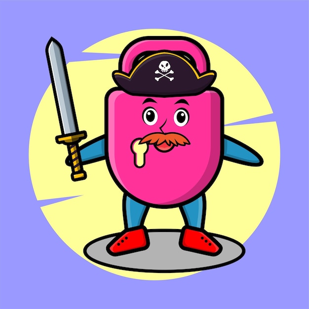 Pirata de candado de dibujos animados lindo con sombrero y sosteniendo espada y escudo en diseño moderno