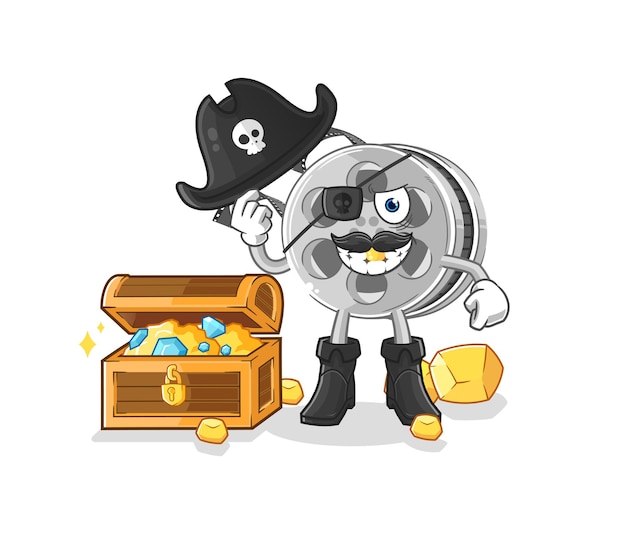 Pirata de carrete de película con vector de dibujos animados de mascota del tesoro