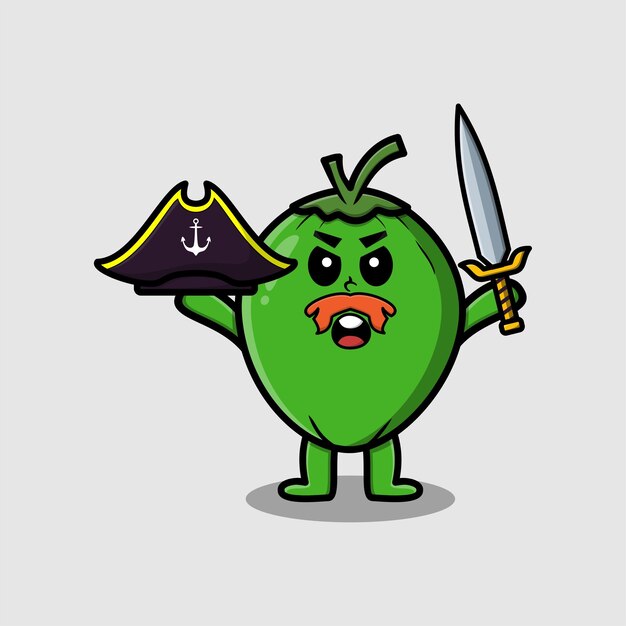 Pirata de coco de personaje de mascota de dibujos animados lindo con sombrero y espada de sujeción en diseño moderno