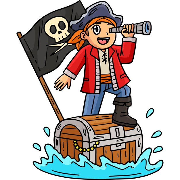 Pirata y cofre flotando sobre el mar Clipart de dibujos animados