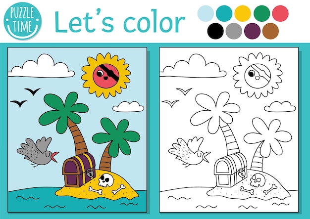 Pirata para colorear página para niños con palmeras cofre del tesoro vector isla del tesoro