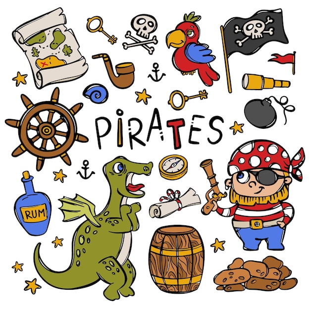 Pirata y dragón conjunto de ilustración vectorial de objetos náuticos