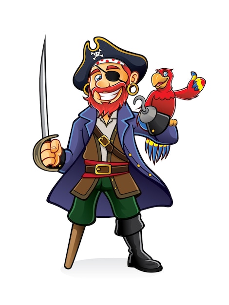 El pirata estaba de pie sosteniendo una espada desenvainada con un loro posado en la mano