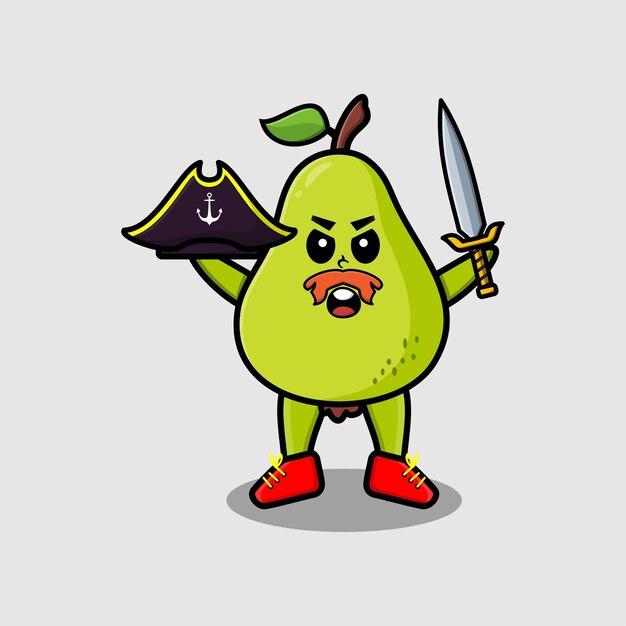 Pirata de fruta de pera de personaje de mascota de dibujos animados lindo con sombrero y espada de sujeción en diseño moderno