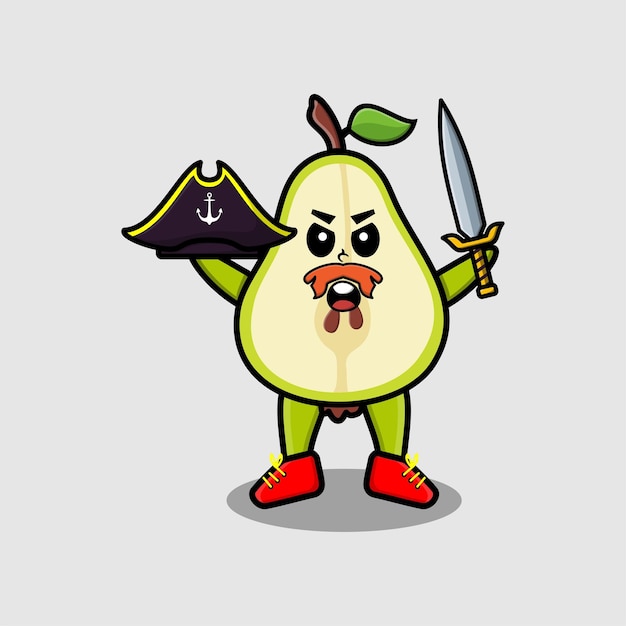 Pirata de fruta de pera de personaje de mascota de dibujos animados lindo con sombrero y espada de sujeción en diseño moderno